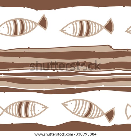 Seamless   pattern of striped motif,spots, stripes, doodles, fishes. Hand drawn.