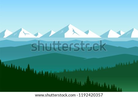 Panorama of mountain valley. Landscape with view of hilly area. Far away icy peaks