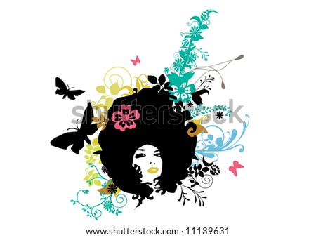 stock vector : VECTOR - abstract girl with butterfly and floral crazy hair