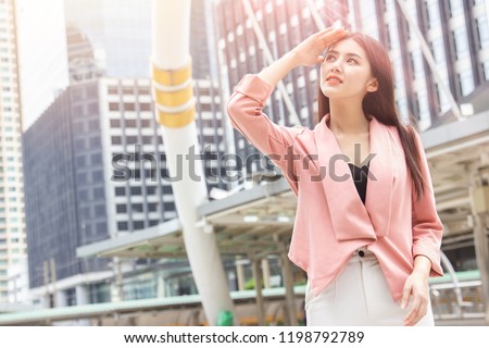 Asian office women skin damage from sun UV city air pollution concept
