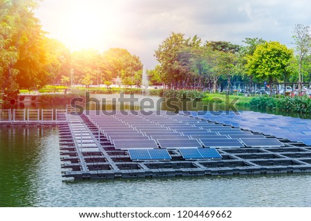 Floating solar panels or solar cell Platform on the water lake pond for saving energy technology innovation.