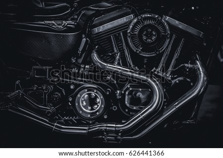 Motorcycle engine engine exhaust pipes art photography in black and white vintage tone