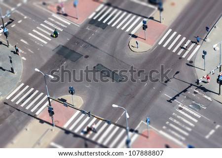 City street traffic and pedestrian crossing -  aerial view