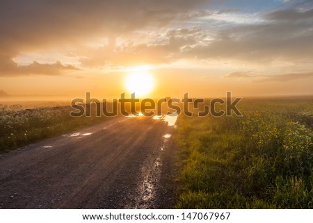 Car on the rural foggy road going to the sunset