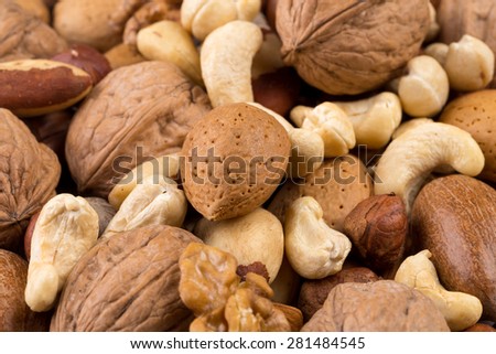 Variety of mixed nuts  background - close up shot