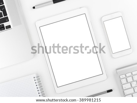 Top view: Laptop tablet and smartphone on white table background with text space and copy space.