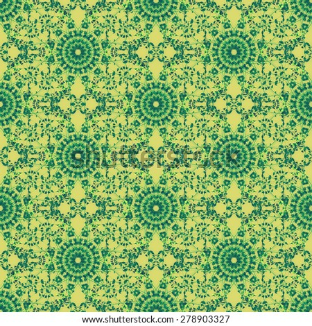 Print Seamless Pattern./ Green Mandala Flowers with green background.