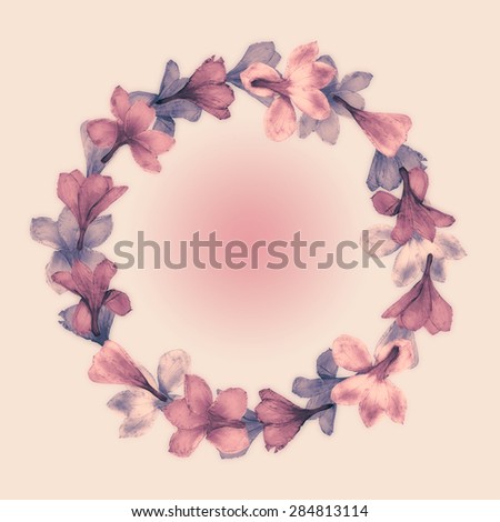 Floral Round Frame with pink and blue flowers and Light background.