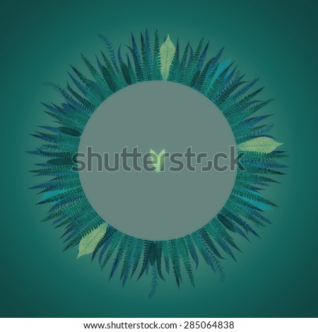 Floral Round Frame with Leaves and heart and Blue background.