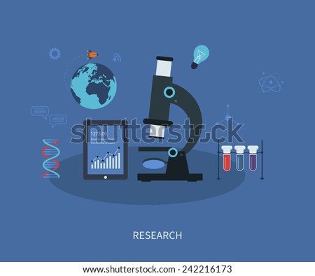 Vector icons research flat infographic with a laboratory microscope surrounded by icons depicting pharmaceutical chemistry medical and genetics Vector icons research flat infographic with a laboratory microscope surrounded by icons depicting pharmaceutical chemistry medical and genetics