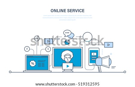 Modern information technology, communications, online services, media, business, development. Discounts and promotions. Illustration thin line design of vector doodles, infographics elements.