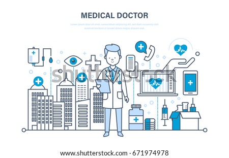 Healthcare and medical help. Medical doctor therapist in dressing gown. Medical institution, hospital, building, clinic. Illustration thin line design of vector doodles, infographics elements.