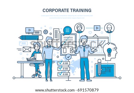 Corporate training, education for colleage, distance learning. Staff training, professional development. Conference, courses, presentation. Illustration thin line design of vector doodles.