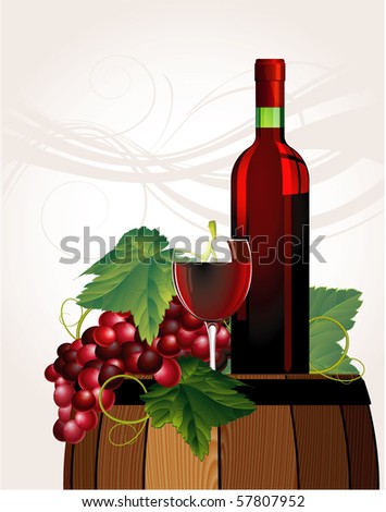 The glass of red wine, bottle, old barrel and grape. Vector.