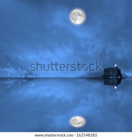 Night sea view with a full moon and small island.