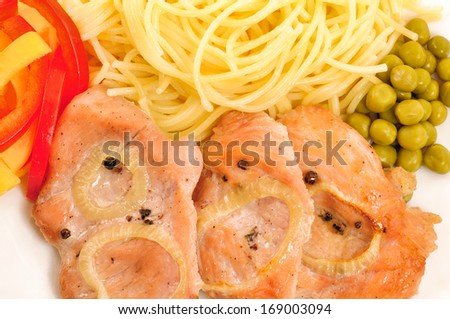 Cooked turkey fillet with pasta, sweet pepper and peas.