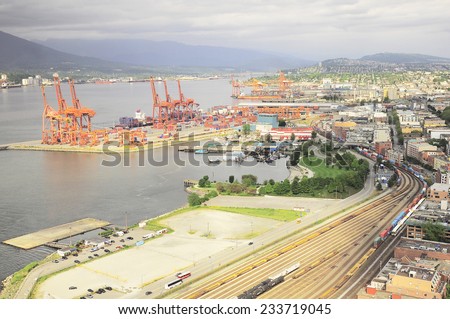 VANCOUVER, CANADA - JUNE 16: Aerial view of the port, railway station and east city part on June 16, 2011 in Vancouver, Canada.