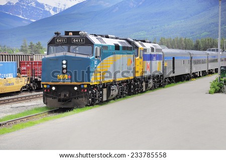 JASPER, CANADA-JUNE 15: Passenger train from Prince George to Jasper stands on the station on June 15, 2011 in Jasper, Alberta, Canada.