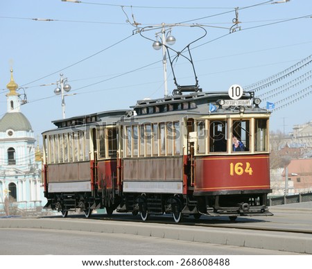 MOSCOW, RUSSIA - APRIL 11, 2015: Vintage tram on the empty street of Moscow, Russia, April 11, 2015.