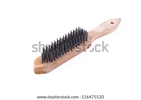 Metal-wire brush, with a wooden handle for rust removal.