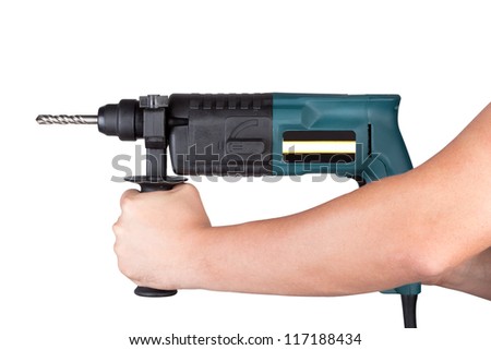Holds the professional rotary hammer with a drill on white background.