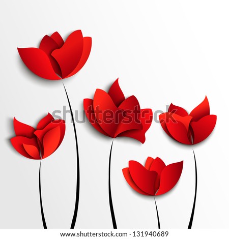Five red paper flowers on white background