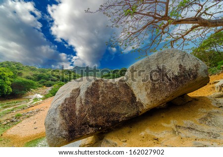 View of boulder that is important in Wayuu indigenous mythology in La Guajira, Colombia