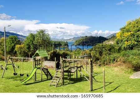 Playground in a natural setting with Neusa lake in the background in Cundinamarca, Colombia