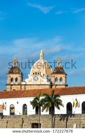 Colonial architecture and San Pedro Claver church in the historic center of Cartagena, Colombia