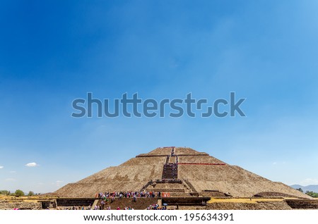 Temple of the Sun at Teotihuacan near Mexico City with a beautiful blue sky