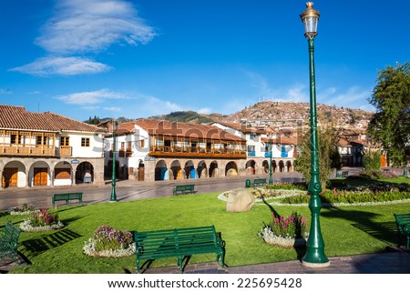 View of the Plaza de Armas of Cuzco, Peru with beautiful colonial architecture visible