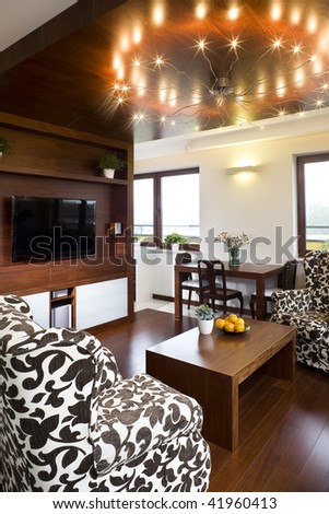 A comfortable, modern, and well furnished living room.
