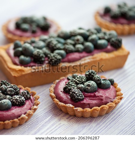Delicious fruit tart made with blackberries and blueberries. Shallow DOF.