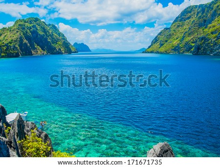 Scenic view of sea bay and mountain islands Palawan Philippines Scenic view of sea bay and mountain islands Palawan Philippines