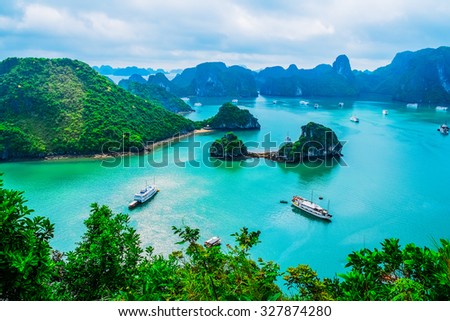 Scenic view of islands in Halong Bay, Vietnam, Southeast Asia