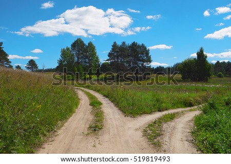 Rural scenic landscape with crossroad on hill in forest. Two different directions. Concept of choose the correct way. Right and left path. Junction, fork, split road. Beautiful summer scenery.