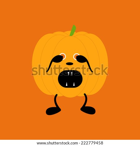 Orange pumpkin on two black legs with eyes full of fear partly closed by its hands, black nose crying with its mouth full of sharp teeth isolated on bright orange background. Decoration vector element