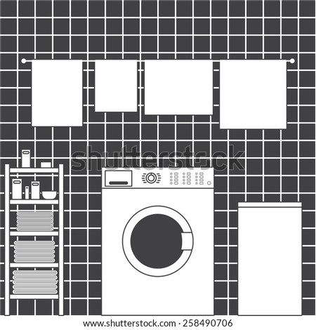 Grey laundry room interior with ceramic tile wall, front loading type washing machine, laundry basket, drying towels and shelving with clean towels, packs of washing powder, bar of soap, small basin