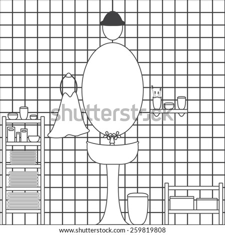 Contour illustration of bathroom interior with ceramic tile wall, big oval mirror, washstand, shelves, tubes, toothbrushes, boxes, packs of washing powder, clean towels, lamp on ceiling in flat style