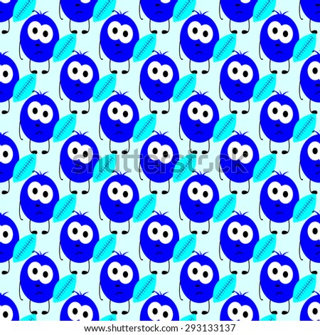 Seamless pattern with repeating little sad navy colored monster with big oval eyes, black nose and mouth holds blue rugby ball in his hand