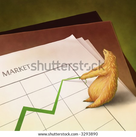 Illustration of an irritated bear pulling down a line graph (representing a bear market).
