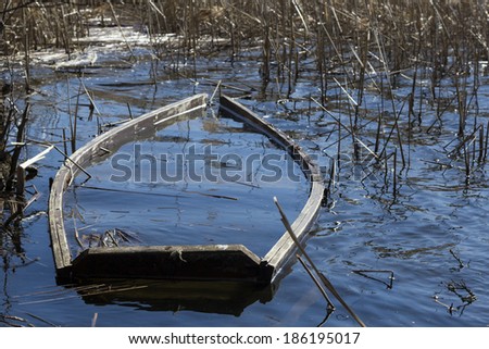 Damaged boat sunk by the river