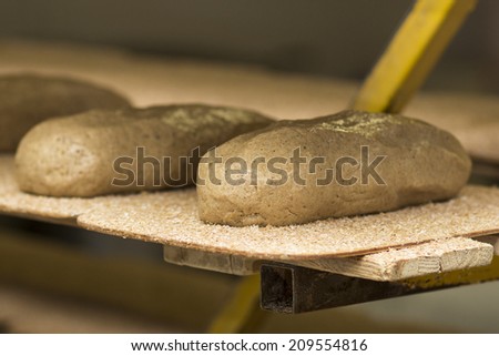In bread bakery, food factory, manual workshop, people working together making handmade bread