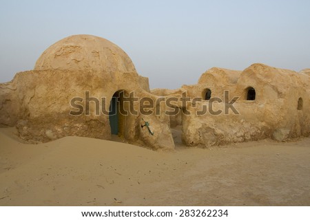 SAHARA, TUNISIA - MAY 27: Abandoned sets for the shooting of the movie Star Wars in the Sahara desert on a background of sand dunes on May 27, 2015 in Sahara, Tunisia