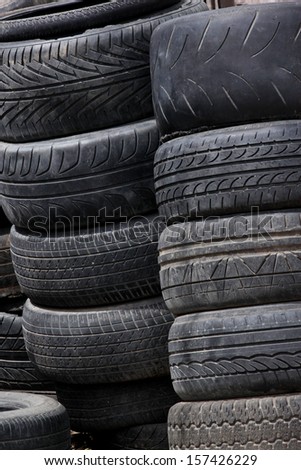 Pile of old car tires for rubber recycling