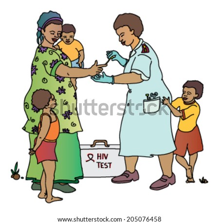 HIV-aids awareness campaign featuring a black woman with three children having her blood test taken by a nurse.