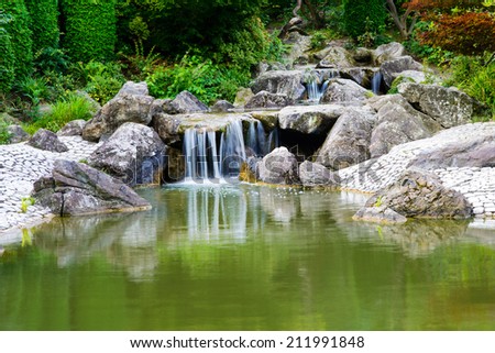 Image of a serene waterfall in the Rheinhaue in Bonn, Germany. A recreational park that covers approximately 40 acres with many attractions