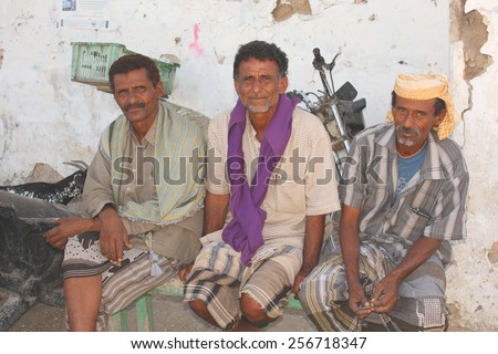 SCHECHR, YEMEN - DECEMBER 2008: unidentified men who look forward to be photographed by tourists on December 25, 2008 in Schechr. Yemenis are happy when tourists make photos from them.