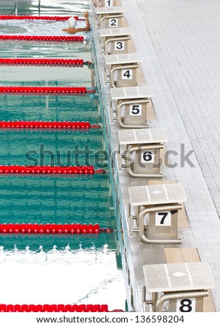 Empty swimming pool with starting block.