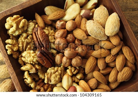 Varieties of nuts: peanuts, almonds, brazil nut, walnuts   and pecans. Food and cuisine.